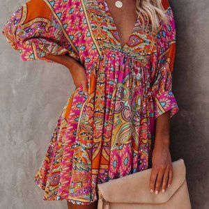 Multicolour V Neck Bohemian Vintage Print Mini Dre